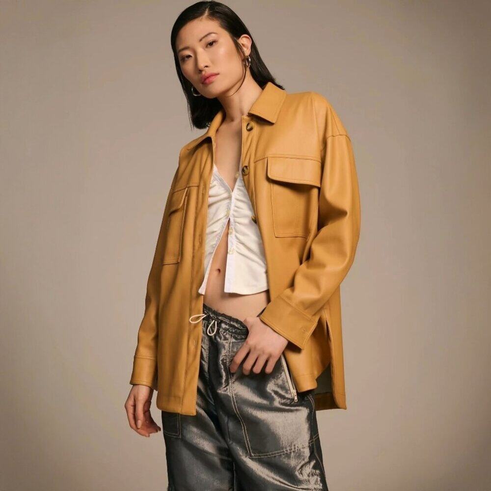 Maeve Oversized Vegan Leather Button Shacket Womens L Honey Tan Pockets Shacket